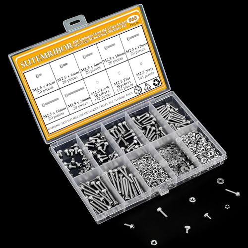 565 Pieces M2.5 Screws Nuts Washers Set, Sutemribor M2.5 x 4/6/8/10/12/16/20mm Hex Socket Head Cap Screws Nuts Washers Assortment Kit, 304 Stainless Steel, Fully Threaded - size: M2.5, style: Socket Head