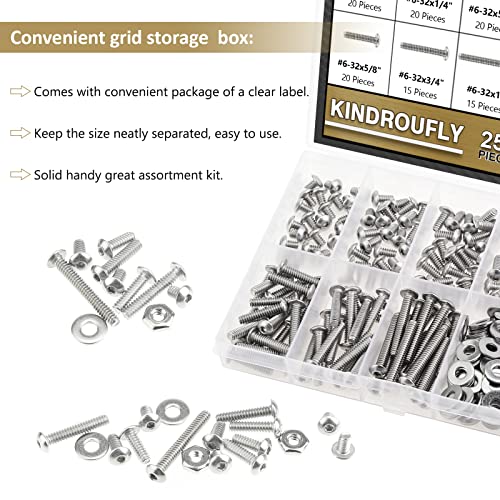 252 Pieces #6-32 x 3/16", 1/4", 5/16", 3/8", 1/2", 5/8", 3/4", 1", Button Head Socket Cap Screws Nuts Washers Assortment Kit, 304 Stainless Steel, Fully Machine Thread - size: #6-32, style: Button Head