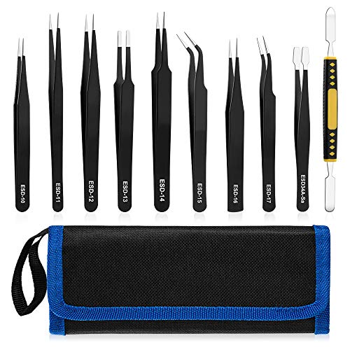 10 Piece Precision Tweezers Set, ESD Stainless Steel for Electronics Repair
