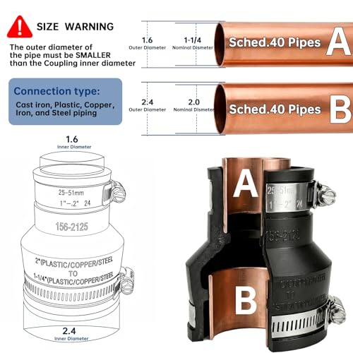 1 1/4" to 2" Flexible Pvc Pipe Coupling with Stainless Steel Clamp, Flexible Fitting for Connecting Cast Iron, Plastic and Copper Pipes, for Sewer and Drain Connections(Black) - size: 1 1/4" to 2"