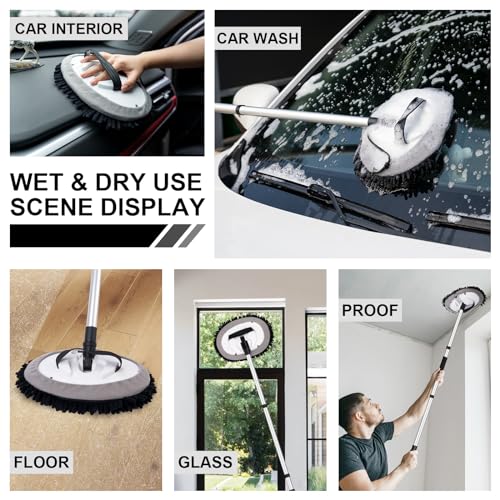 Ordenado 62" Car Wash Brush Kit Mitt Mop Sponge with Long Handle Chenille Microfiber Car Cleaning Brush Kit Supplies Car Washing Mop Kit Car Care Kit of Scratch-Free Replacement Head for Car RV Truck - color: C-black