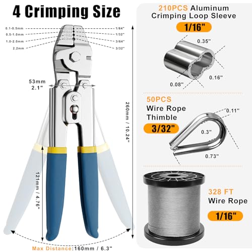 Cyrico 328FT Wire Rope Crimping Tool Kit, 1/16" Stainless Steel Cable with Cutter, Heavy Duty Crimper, 210 PCS Aluminum Crimp Loop Sleeves, 50CS Thimbles, Gloves for Railing, String Lights, Fishing