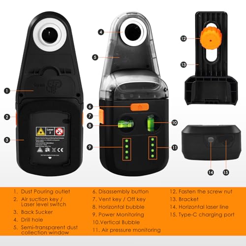 Laser Leveler Tool 4-in-1 Wall Laser Level with Line Laser, Drill Dust Collector, Electronic Vacuum Suction Cup and Wall Bracket, Rechargeable Laser Level Tool for Picture Hanging, Home Renovations