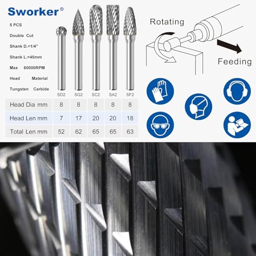 Sworker 5Pcs Carbide Burr Set 1/4 Shank w/Clear Box Head Dia 8mm Die Grinder Bits Rotary Tools Attachment Kit Rasp File Accessories Metal Wood Stone Steel Grinding Deburring Cutting Porting Carving