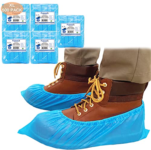 ProtectX Disposable Shoe & Boot Covers, XL Extra Large, 500-pack (250 pairs), Waterproof, Slip Resistant, Durable CPE plastic, Fits up to Men’s 14 US Size and All Women’s US Size Shoes - size: CPE X-Large 500PK