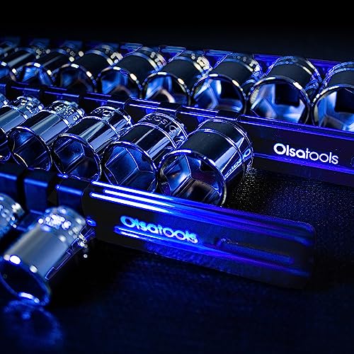 Olsa Tools 3-sets Socket Organizer Rail with Locking Caps, Blue - color: Blue, size: 3pc, 1/4, 3/8, & 1/2-Inch Drive