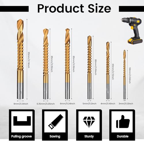 6 Pack Titanium Drill Bit Set, 3-8mm Serrated Side Cutting Drill Bit, Titanium Serrated Cutting Bits, Woodworking Tools, Hole Holesaw Tool for Plastic Metal Wood Hole