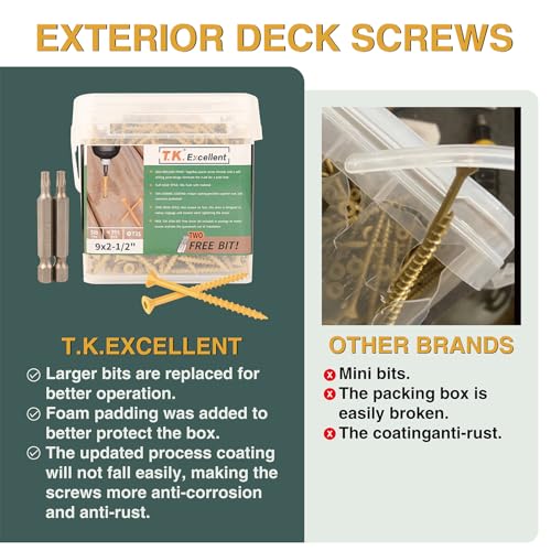 T.K.Excellent Deck Screws 2-1/2 Inch Wood Screws #9 x 2-1/2, 395 Pcs, Rust Resistant Tan Exterior Structural Screws, Torx Drive Screws, Two T25 Bits, Brilliant Yellow Ruspert Coating Rust Proof - size: #9×2-1/2