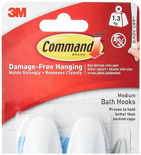 Command Medium White Bath Hooks, 2 Hooks, 4 Strips - color: White, size: Medium, style: 2 Hooks
