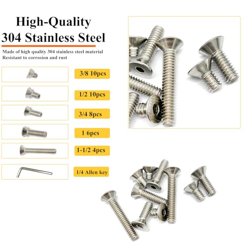 38pcs 1/4-20 5 Sizes Countersunk Head Screws, Flat Socket Head Cap Screws Assortment Kit with Allen Keys, 304 Stainless Steel Socket Cap Bolts Flat Countersunk Head Machine Screws - size: 304-5Size-1/4-38P
