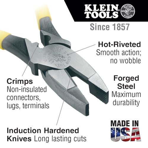 Klein Tools D213-9NE-CR Lineman's Crimping Pliers, Made in USA, Streamlined High-Leverage Design Made of Induction Hardened Steel, 9-Inch - style: With Crimping