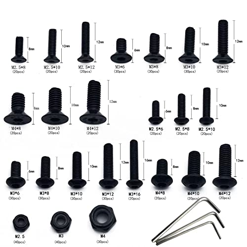 600pcs Metric Bolt Assortment M2.5 M3 M4 Alloy Steel Hex Button and Flat Head Cap Machine Screws and Lock Nuts RC Screw Kit Black Zinc Plating - size: black 600pcs hex buton haed