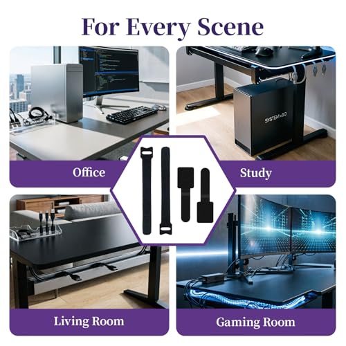 80 Pack Cable Management Kit, Adjustable Hook and Loop Cable Ties, Heavy Duty Detachable Cable Straps and Self Adhesive Hooks, Reusable Cord Holder, Cable Hider for Desk/TV/Home Office, Black