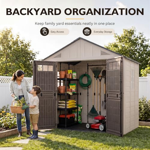 Aoxun 8x8 Ft Outdoor Storage Shed with Floor, Large Resin Outdoor Shed with Lockable Door & Windows, Garden HDPE Sheds for Lawn Tools, Pool Supplies & Bikes - size: 8x8