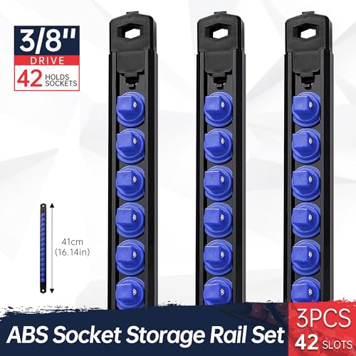 Reniteco Magnetic Socket Organizer, 3-Piece 3/8-Inch Drive ABS Sockets Rail, Heavy Duty Sockets Holder, Socket Rack Kit 3/8-Inch x 42 Clips - color: Blue, size: 3 Pcs 3/8" DR