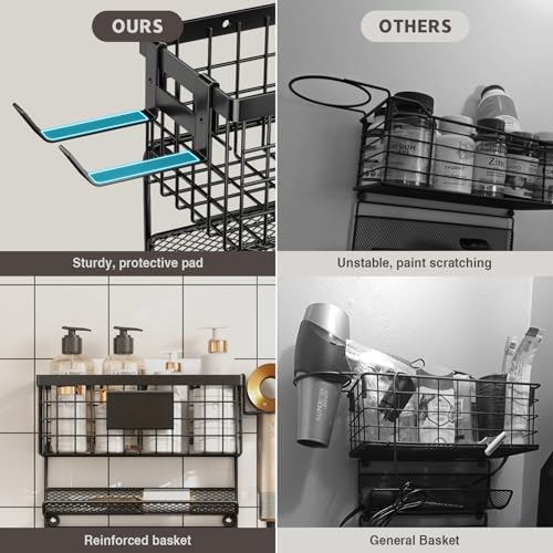 Magheo Hair Dryer Holder Wall Mounted, Adheisve Hair Styling Tool Organizer for hair Brush/Appliance Wall Mount with 5 Tier Shelf Basket Hooks Blow Dryer and Straightener Holder for Bathroom(Black) - color: Black