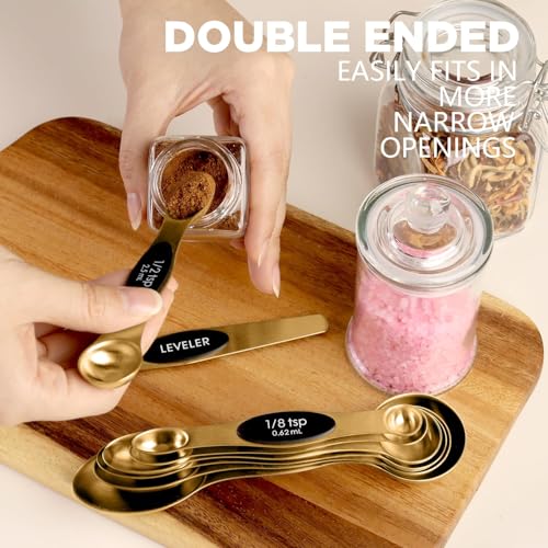 ChefAide Set of 8 Magnetic Measuring Spoons, Stainless Steel, Dual Sided - color: Gold, size: Magnetic Measuring Spoons