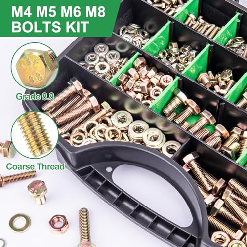 FOLIV 907pcs Grade 8.8 Metric Bolt Assortment, M4 M5 M6 M8 Heavy Duty Bolts and Nuts Kit, Yellow Zinc Plated, Length from 12-30mm - style: 907pcs M4 M5 M6 M8