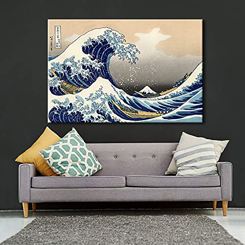 Wieco Art Great Wave of Kanagawa Katsushika Hokusai Extra Large Modern Gallery Wrapped Giclee Canvas Prints Abstract Seascape Sea Artwork Pictures Paintings on Canvas Wall Art for Home Decor XL - size: 48"L x 32"W