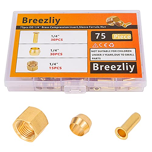 1/4 Inch OD Brass Compression Insert,Sleeve Ferrule,Nut 75PCS - size: 75 pcs, 1/4"