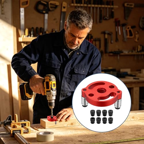 HARFINGTON Self Centering Doweling Jig Kit Straight Holes Puncher Dowel Jig Locator with Drill Bushings(3/4/5/6/7/8/9/10mm) Woodworking Joints Tool for Precise Straight Holes, Red - color: Red