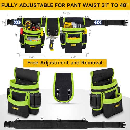 Tool Belt with 4 D-Rings,27-Pockets Tool Belts for Men,Construction - color: Green & Black, size: 27 Pockets with Magnet Pouch