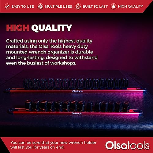 Olsa Tools Wall-Mounted Wrench Rack - Red Anodized Aluminum Rail with Black Clips - Stores 14 SAE or Metric Wrenches Securely - Professional Organizer - Part: 1028 - style: Red Aluminum + Black Clips