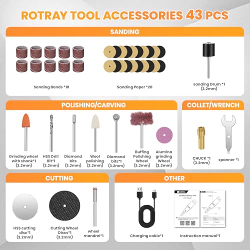HARDELL 12V Cordless Rotary Tool Kit 6-Speed 10000-25000RPM 43 Pcs Orange