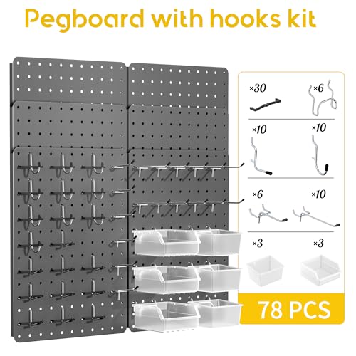 Pegboard Organizer Kit,6 Pack 14.76x10.82 in Metal Panels with 6 Bins, Gray - color: Gun gray, size: 14.76"x10.82"- 6 Pcs
