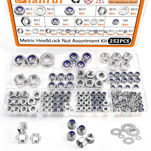 Dianrui 252PCS Metric Hexnut & Locknuts Assortment Kit with Flat Washer, Nuts and Washers Set 304 Stainless Steel (M3/ M4/ M5/ M6/ M8/ M10/ M12) Hardware Nuts-7 Sizes - size: 252PCS Metric Hex&Lock Kit