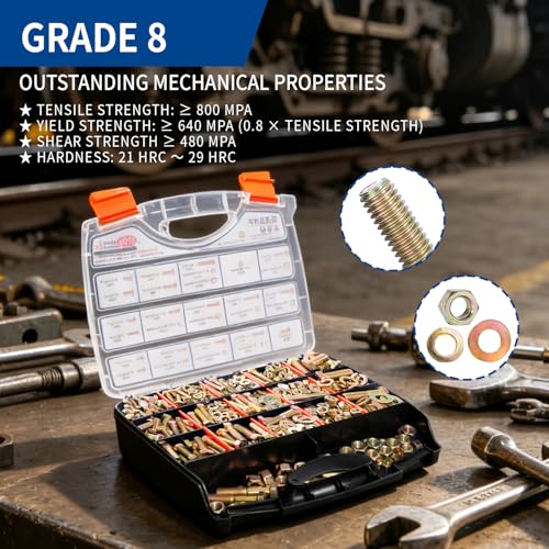 980cs Grade 8 SAE Bolts and Nuts Assortment Kit, 1/4-20, 5/16-18, 3/8-16, 1/2-13 Heavy Duty Hex Bolts and Nuts Kit, Assorted Nuts, Bolts, Flat & Lock Washers, Yellow Zinc Plated, Length from 1/2"-2" - size: 980PCS 1/4-20, 5/16-18, 3/8-16, 1/2-13