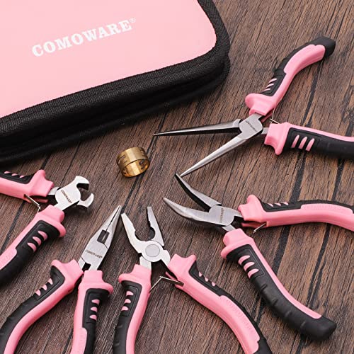 COMOWARE 6-Piece Mini Pliers Set, Needle Nose, Long Nose, Bent Nose, Diagonal, End Cutting and Linesman, for Crafts Work, Electronic Repair, with Pink Pouch - color: Pink