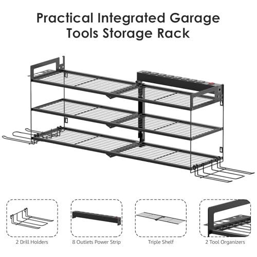 CCCEI Large Garage Tools Storage with Charging Station. Power Tool Battery Organizer Utility Shelf with Power Strip. 4 Drills Holder Wall Mount Rack, Black 3 Layer. - size: Large, style: 3 Layer