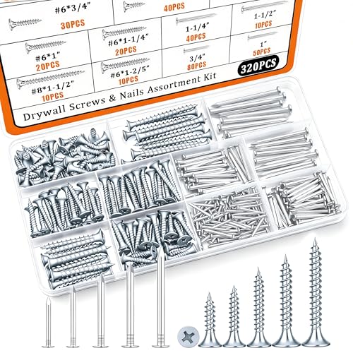 Dianrui Nails & Wood Screws Assortment Kit, 320 PCS #6#8 Philips Drywall Screws Set and High Hardness Hardware Small Nails for Picture Hanging/DIY Repair Project Length 1/2" to 2" - color: Silver, size: 320PCS