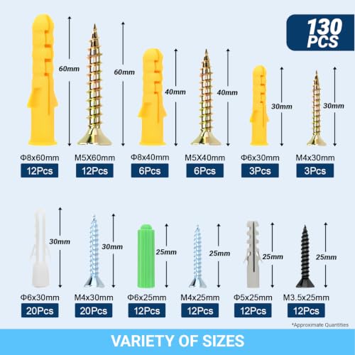 130Pcs Drywall Anchors Screws Kit, 6 Sizes Plastic Expansion Wall Fasteners - color: 130PCS 6-Sizes