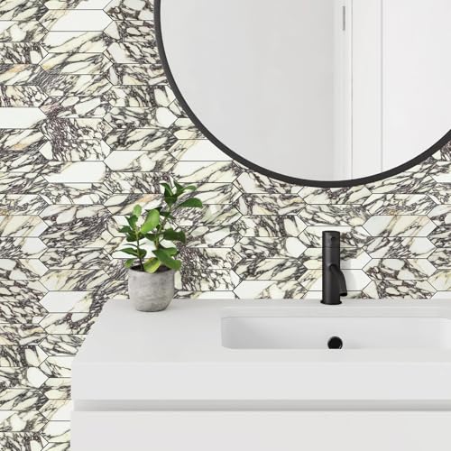 Vamos Tile Glossy Marble Purple Backsplash Tile Peel and Stick, 12.8 x 12.8 Inch 10 Sheets Long Hexagon PVC Self Adhesive Mosaic Wall Tiles Stick on Backsplash for Kitchen and Bathroom - color: Glossy Marble Purple
