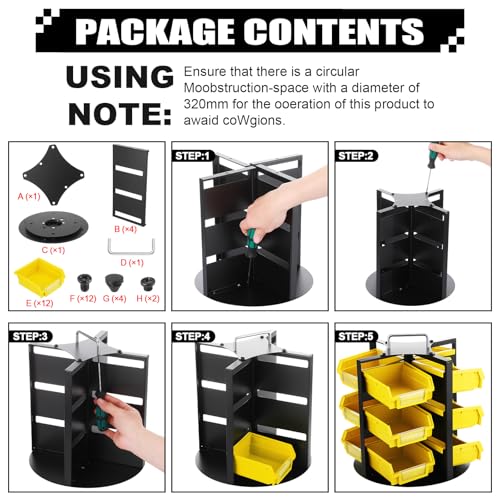 Geelin 12 Bins Rotating Storage Bins Tool Organizer 3 Tiers Hardware Crafts Small Parts, Nuts and Bolts, Revolving Storage for Workshop, Shed, Garage, Home (Yellow)