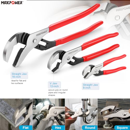 MAXPOWER 8 12 16-inch Groove Joint Pliers, Quick Adjustment Pliers Set - size: 8" 12" 16"