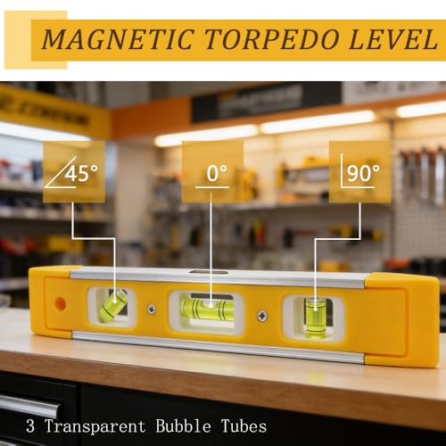 9 Inch Torpedo Level Magnetic, Shock-Proof Small Level Tool with 45/90/180 Degree Bubble Vials, Aluminium Alloy Frame, V-Groove and Magnet Track - style: 9″-1pcs