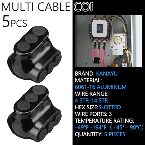 Kanayu 5 Pcs Black Insulated Multi Cable Connector, 3 Ports Electric Wire Connectors and Soldering Lugs, Single Side Entry Cable Splicers, with Oxide Inhibitor (14-4awg Range,1.57" X 1.26") - size: 14-4AWG Range, 1.57" x 1.26"