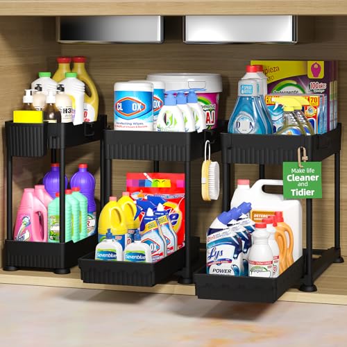 Sevenblue 3-Pack 2-Tier Under Sink Organizers with Sliding Drawers - color: Black, size: 12.8 Inch