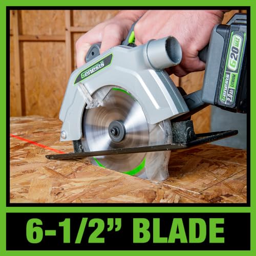 Genesis G20MAX 20V Circular Saw Cordless 6-1/2 inch with Laser & LED Light, Includes 24TCT thin-kerf blade, 2.0Ah Battery and Charger(GLCS2065B) - style: 20V 6-1/2 Cordless Circular Saw