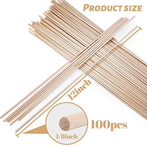 Wooden Dowel Rods, 100PCS 1/8 x 12 Inch Round Wooden Sticks for Arts Crafts, Home Decor, Cake Support, Photo Booth Props, Unfinished Natural Hardwood Sticks - size: 1/8 x 12 Inch (100PCS)
