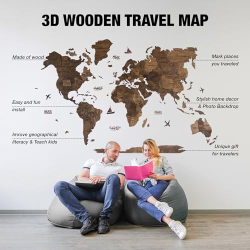 AWESOMETIK WALNUT 3D World Wood Map | 3D Wood Map of the World Easy Installation with Double Sided Tape Includes Add Ons Premium Durable Plywood Ideal for Home and Office Decor M, L, XL