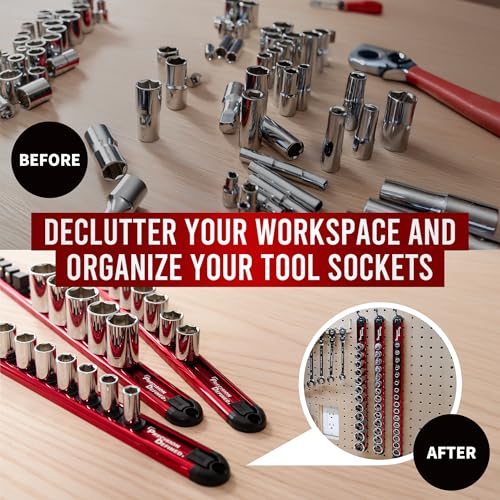 Precision Defined Aluminum Tool Socket Holder 3-Piece Set | Red, 1/4-Inch x 16 Clips, 3/8-Inch x 16 Clips, 1/2-Inch x 14 Clips | 360 Rotation - Heavy Duty Socket Rails Organizer, Socket Storage - color: Red