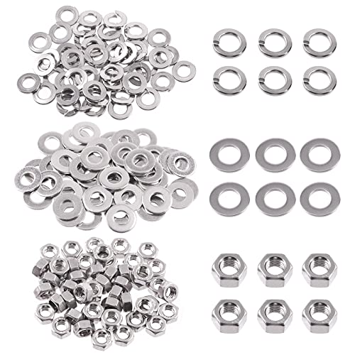 Swpeet 150Pcs Metric 304 Stainless Steel M5 Hex Nuts and M5 Flat Washers with Split Lock Washers Assortment Kit, Coarse Thread Hexagon Nut for Home Automotive Shop Use - size: M5 Hex Nuts & Washers
