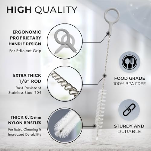 Buenalife Heavy Duty Cleaning Brushes Set of 4 - Extra Long Straw Cleaners for Metal and Plastic Reusable Drinking Straws, to Clean Small Spaces, Sippy Cups, Water Bottles - Sturdy Hard Brush Bristles - color: Gray