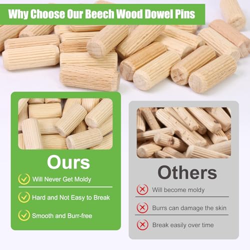 1/2" x 1" Wooden Dowel Pins, FoDau770 Fluted Wood Dowel Rods, Natural Beech Wood Dowel Pegs for Crafts, Woodworking, DIY Furniture - 200 Pieces - size: 1/2" x 1"