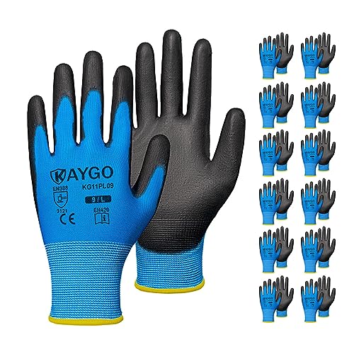 KAYGO Safety Work Gloves for Men Women, PU Coated Palm & Fingers, KG11P - color: Blue, size: Large