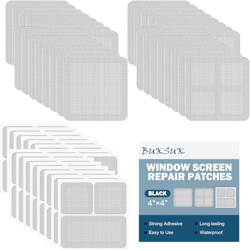 48 Sheets Window Screen Patches Repair Kit, 4 Sizes Window Screen Repair Tape, Strong Adhesive, Fiberglass Quick-Access (Black)